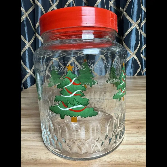 Vintage KIG Glass Canister  Jar With Lid Christmas Trees Made In Indonesia - Picture 2 of 6